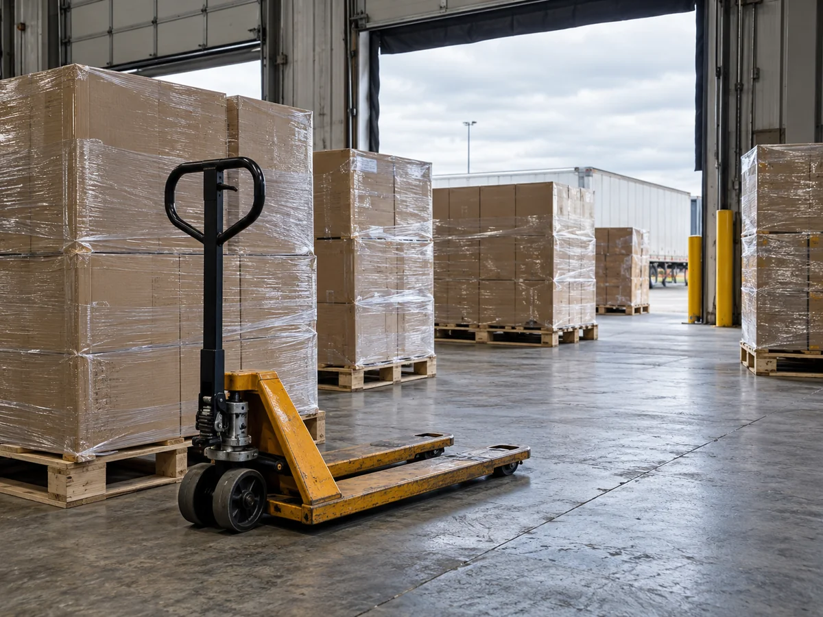 Illustrative wrapped pallets and a pallet jack on a warehouse loading dock.