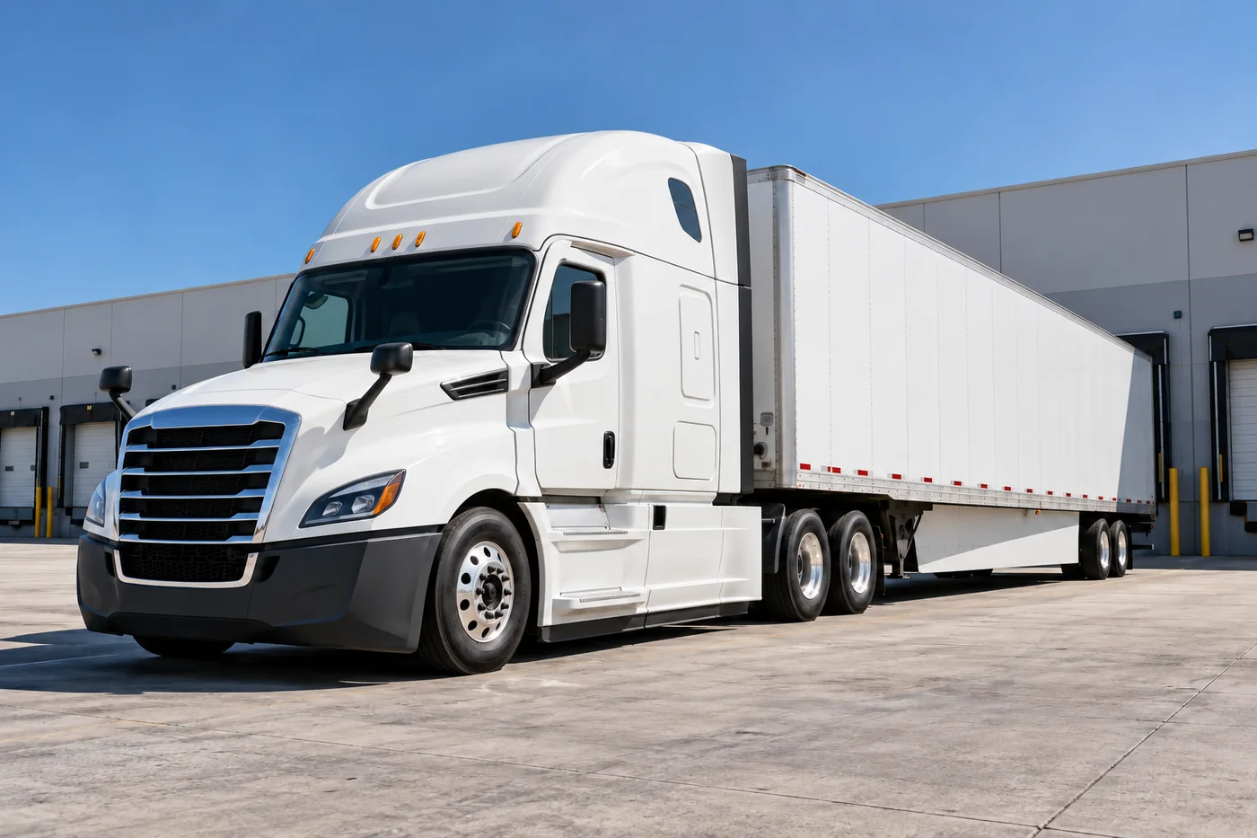 Illustrative white American semi-truck and plain dry van trailer in a sunlit freight yard.