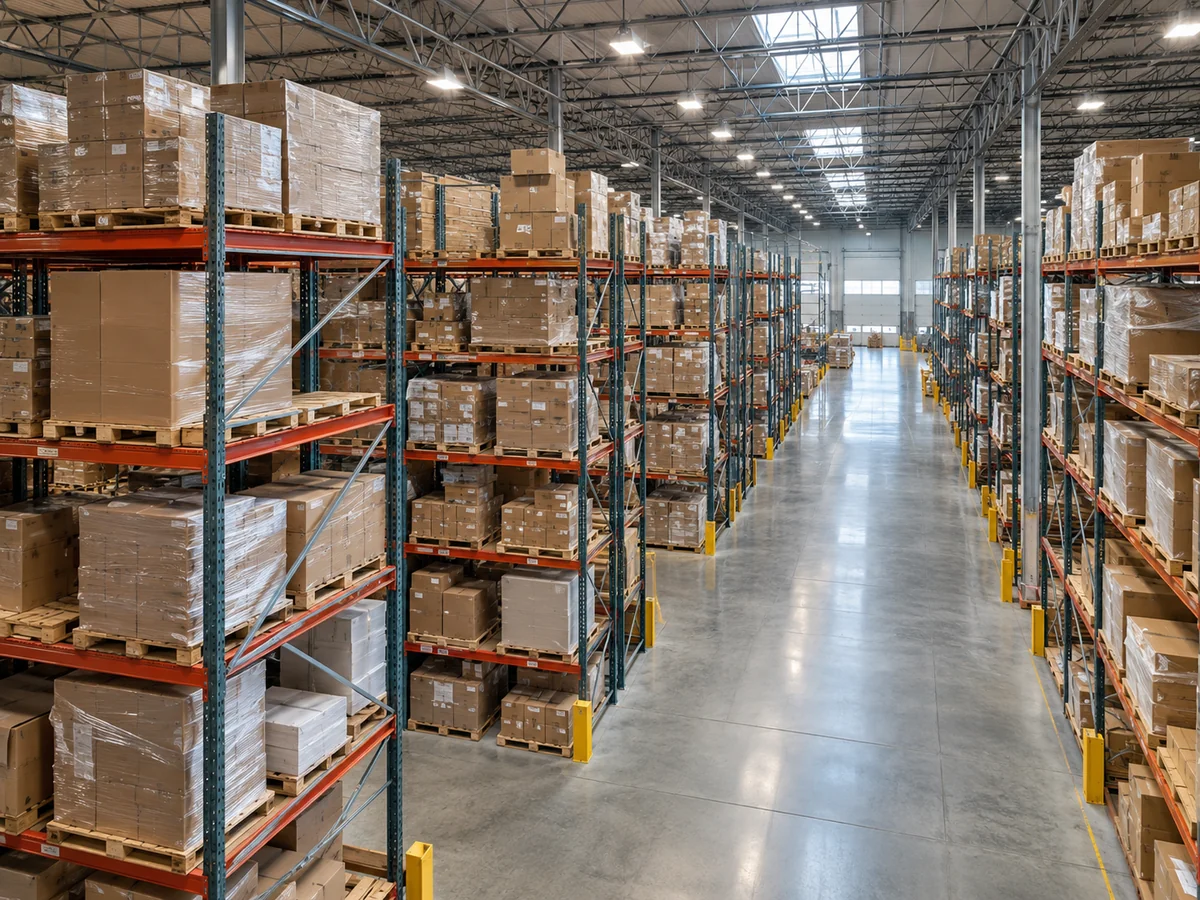Illustrative high-angle view of organized warehouse racking and aisles from a mezzanine.